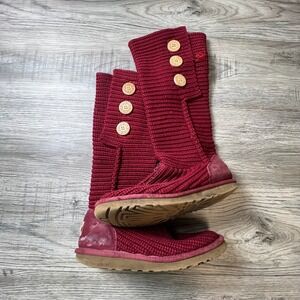 UGG Lattice Cardy Boots Womens 8 Burgundy Red Knit 3-Button Tall 5819